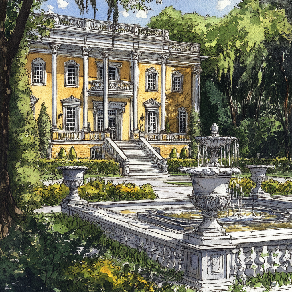 Drawing of lavish mansion with gold and marble.