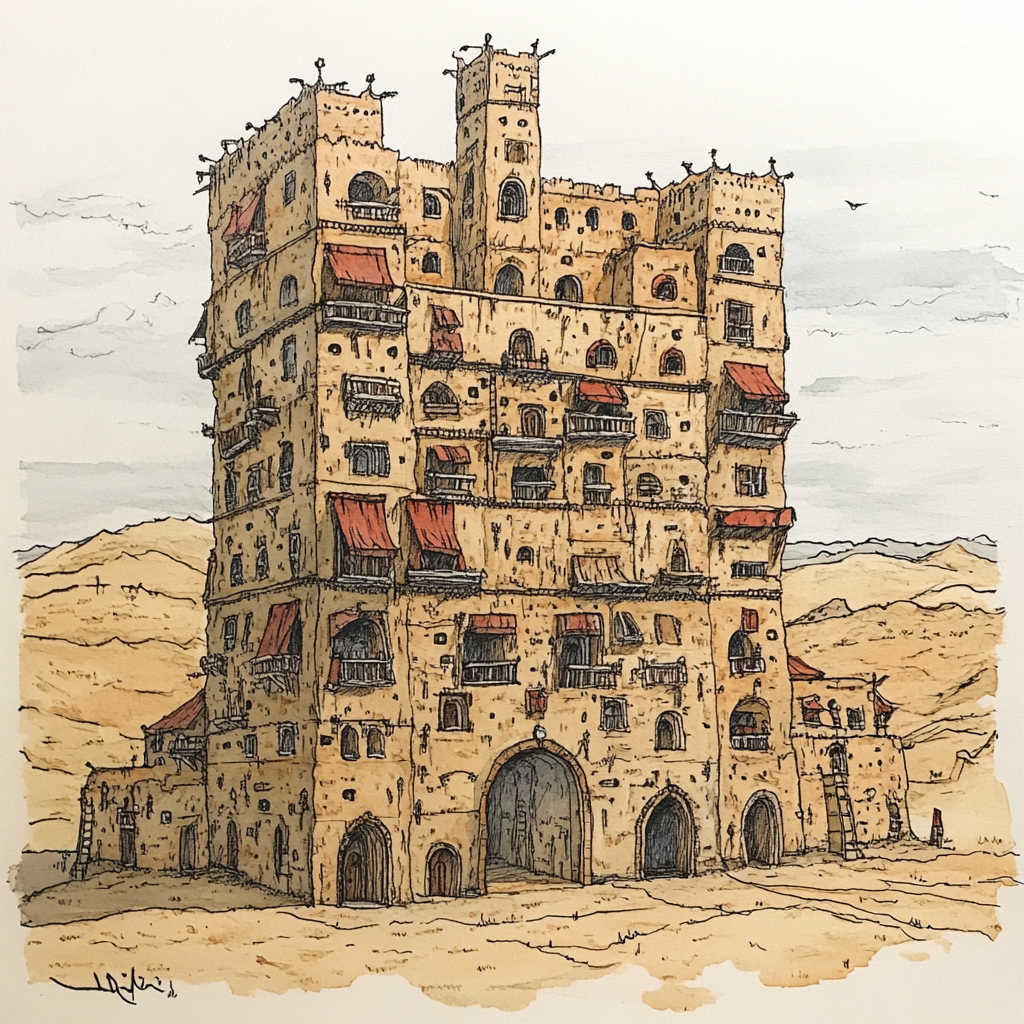 Drawing of sandstone building in desert with tall tower.