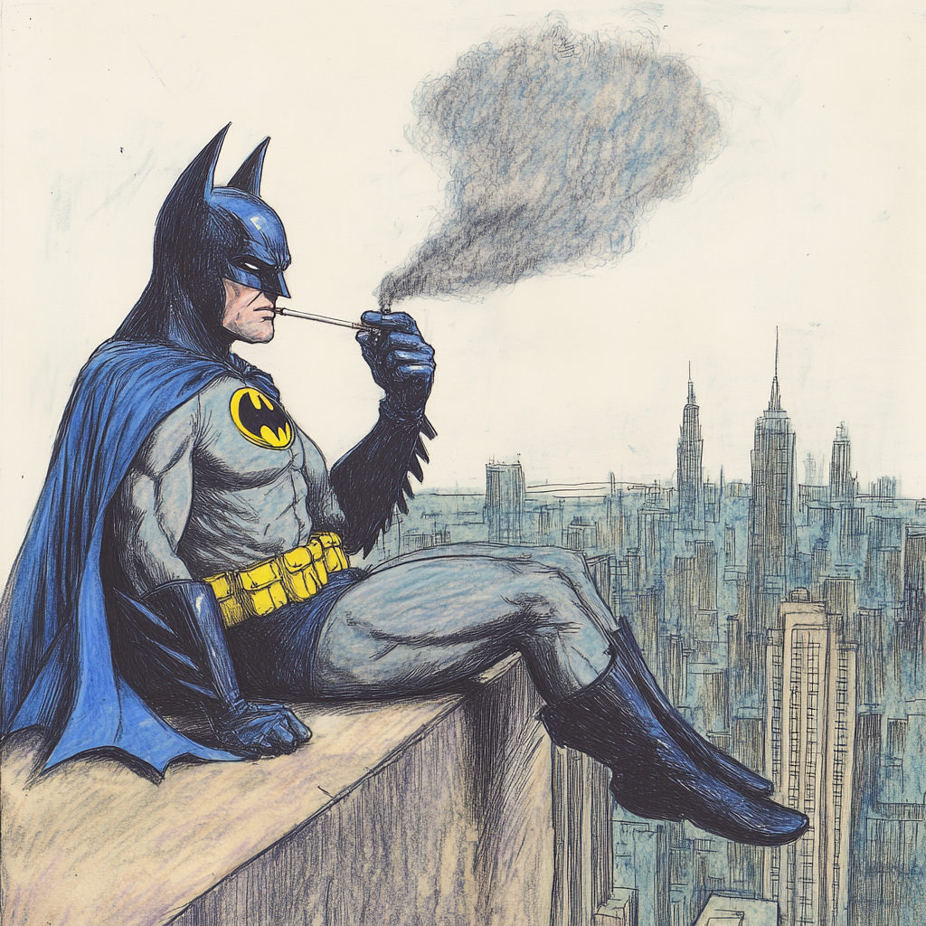 Drawing of tired Batman smoking cigarette, childlike style.