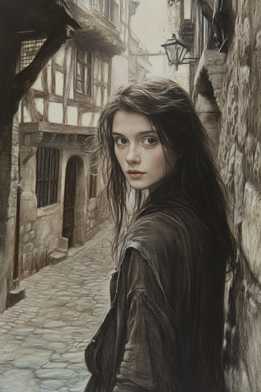 Drawing of young Audrey Hepburn in medieval Bree setting.