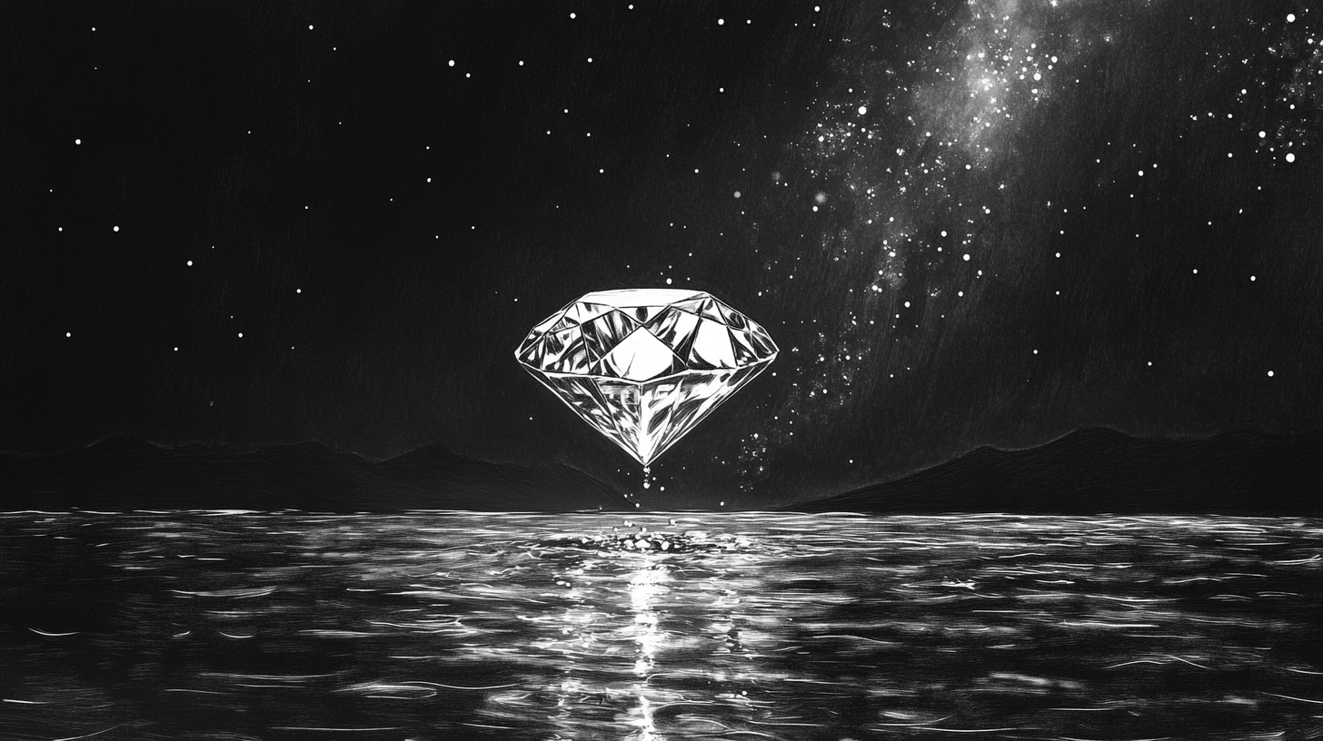 Drawing shows diamond falling into water at night.