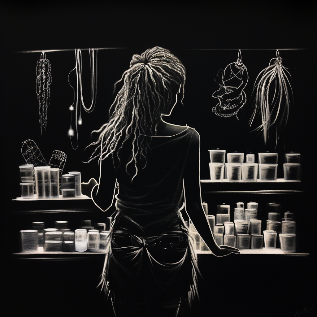 Dreadlocked woman stocking store on black paper outline.