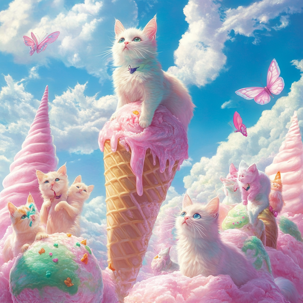 Dream of candy cats in pastel world, playful mischievous.