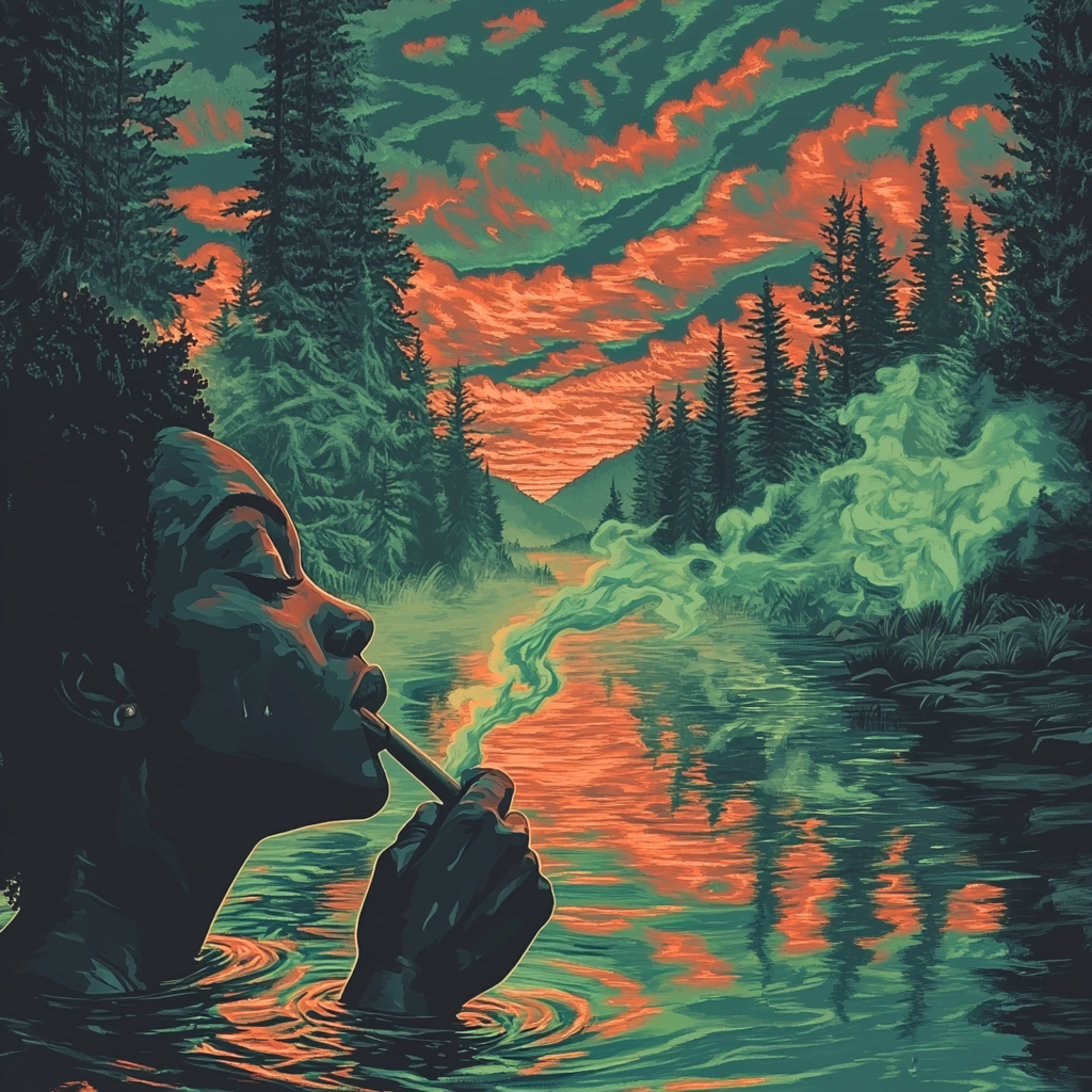 Dreamlike Black Woman Smoking Cannabis Joint in River Illustration