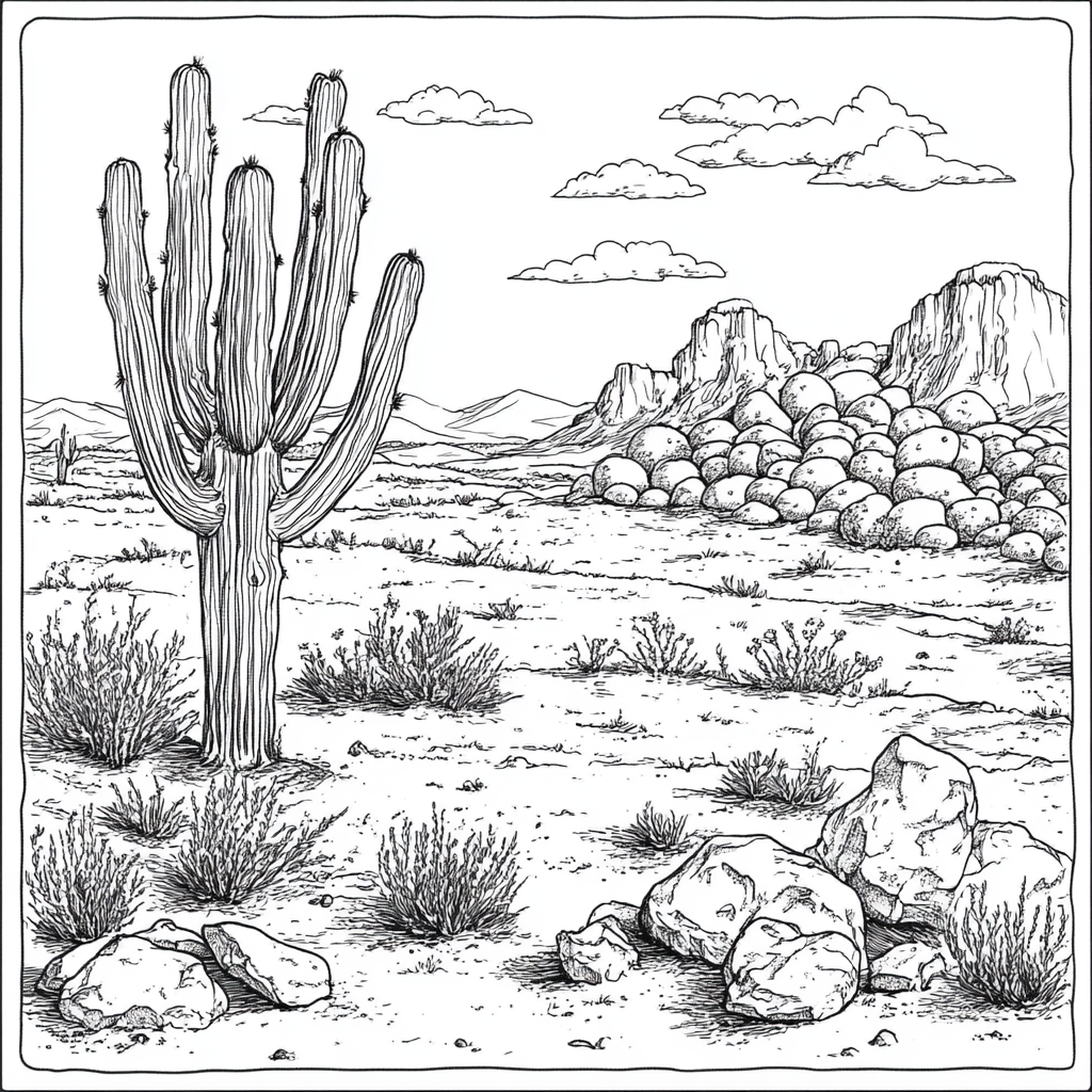 Dreamlike desert scene: Joshua tree, cactus, mountains, plants.