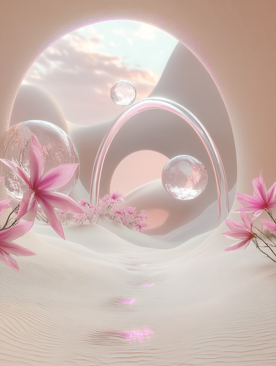 Dreamlike desert with pink flowers, floating spheres under arch.