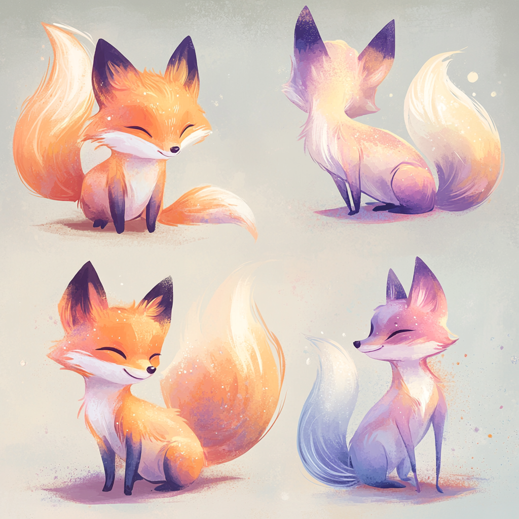 Dreamlike pastel foxes with elegant forms and textures.