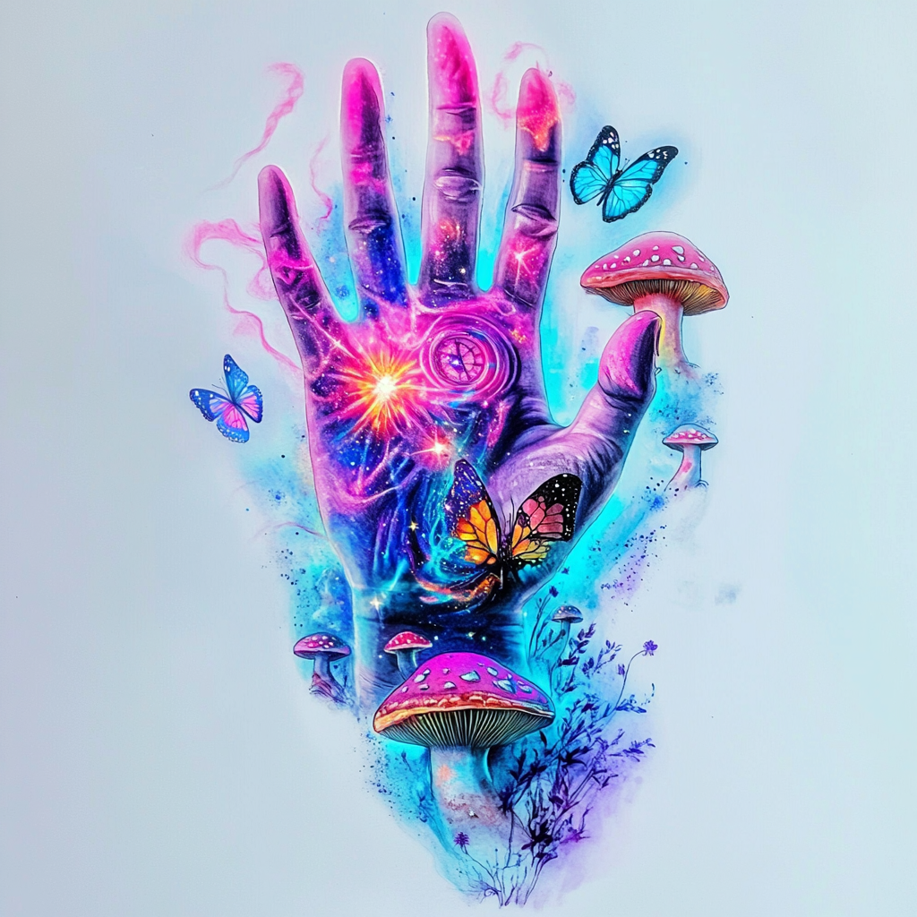 Dreamy, surreal hand with neon mushrooms and butterflies