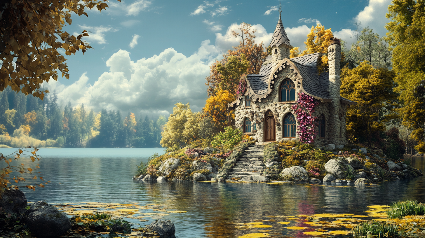 Dreamy Fairytale Landscape: Detailed Trees, Lake, Sky 16:9