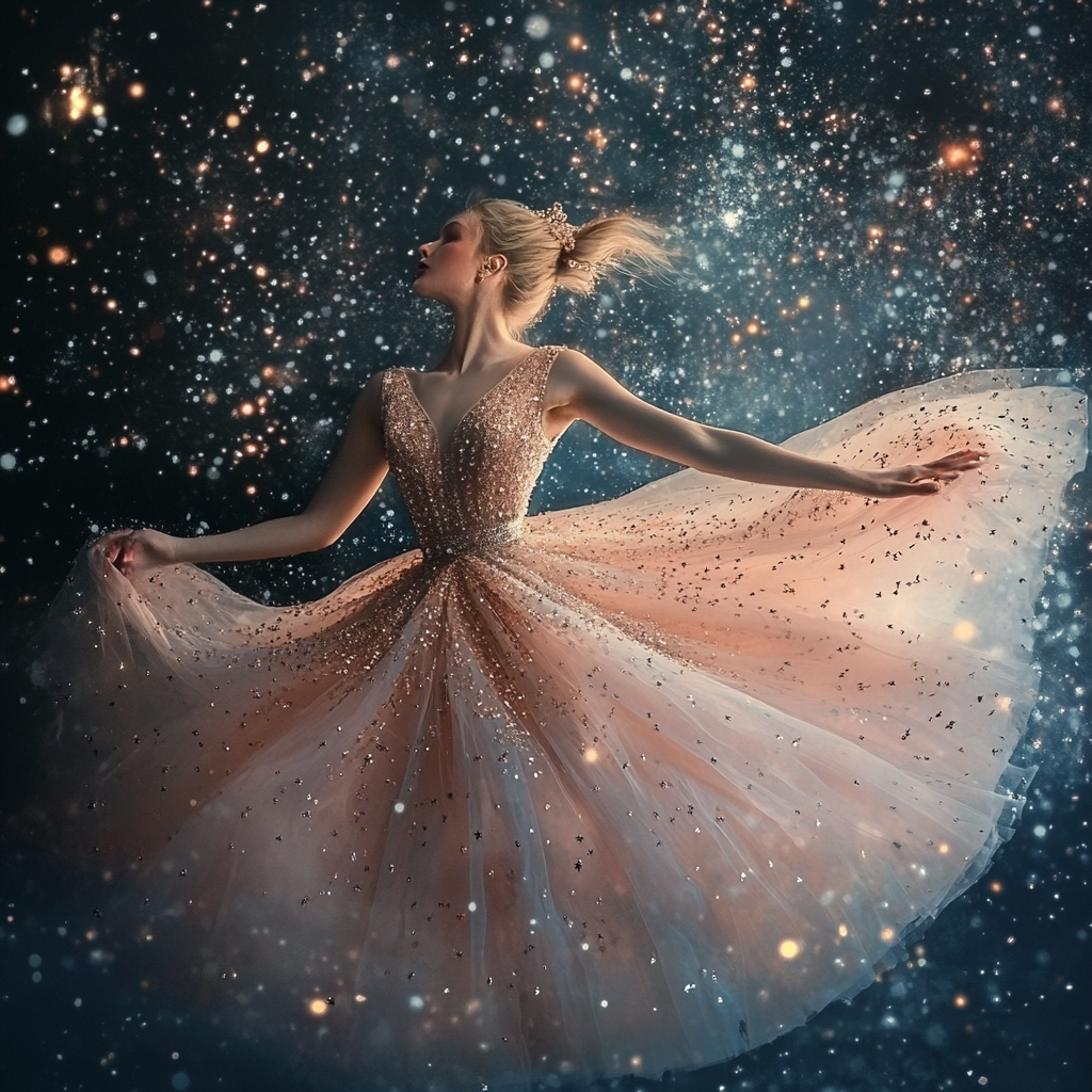 Dreamy dancing girl in pink gown under starlight.