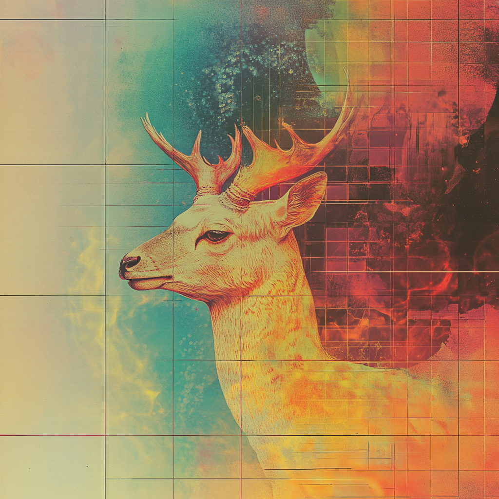 Dreamy illustration of meditating animal in iridescent colors.