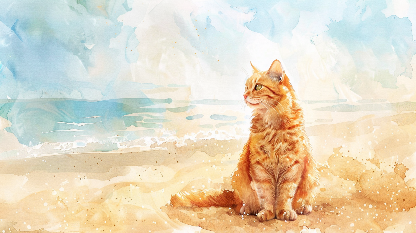 Dreamy orange cat with green eyes on beach.