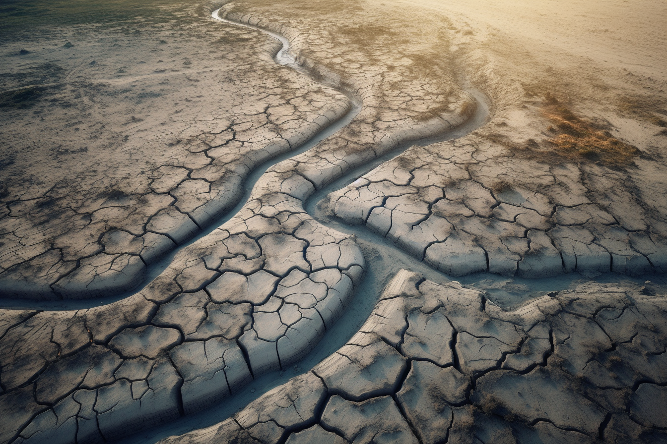 Dried-up river with cracked earth, no water, barren terrain.