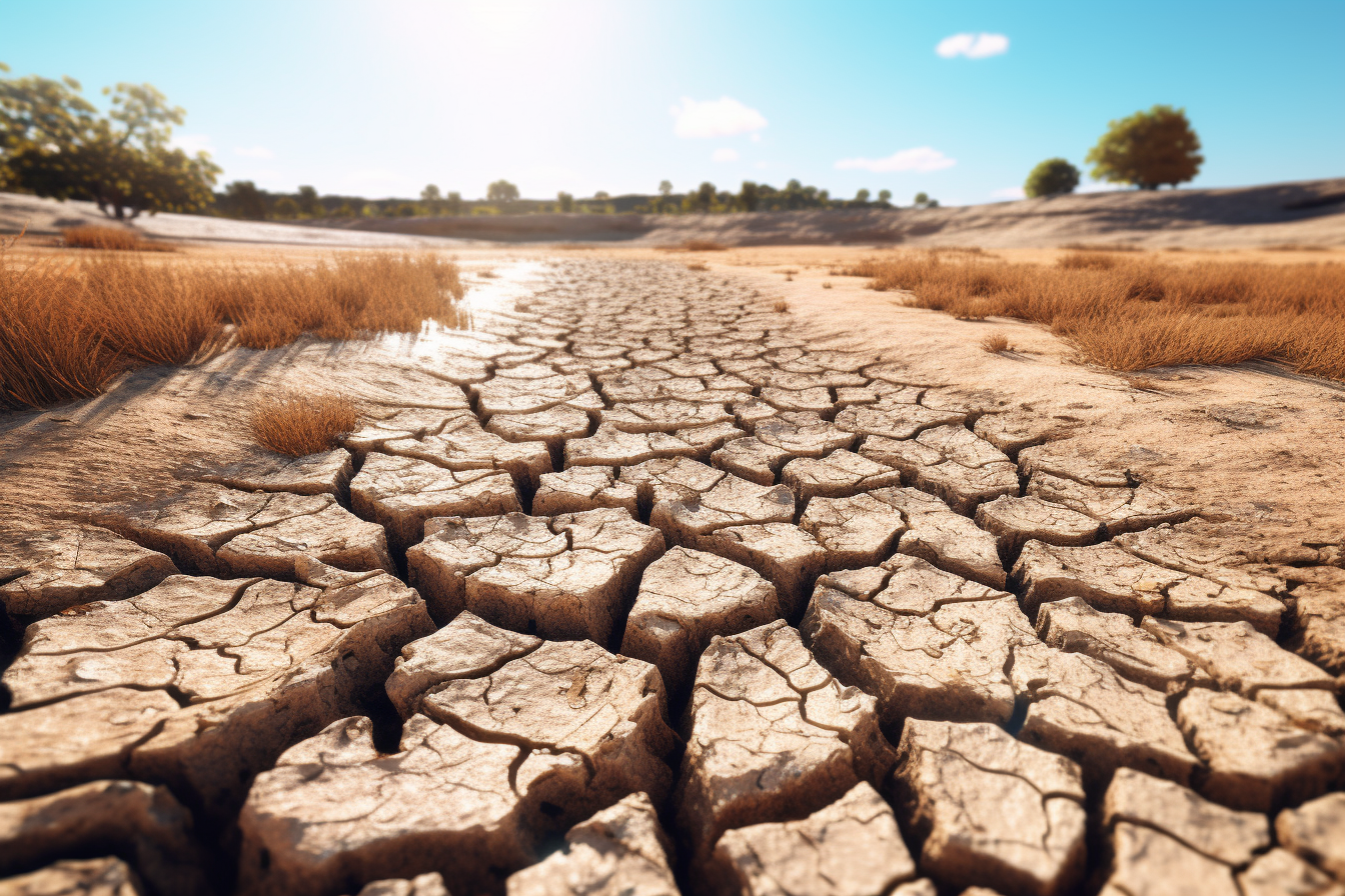 Dried-up riverbed with cracked earth, parched ground, no life.