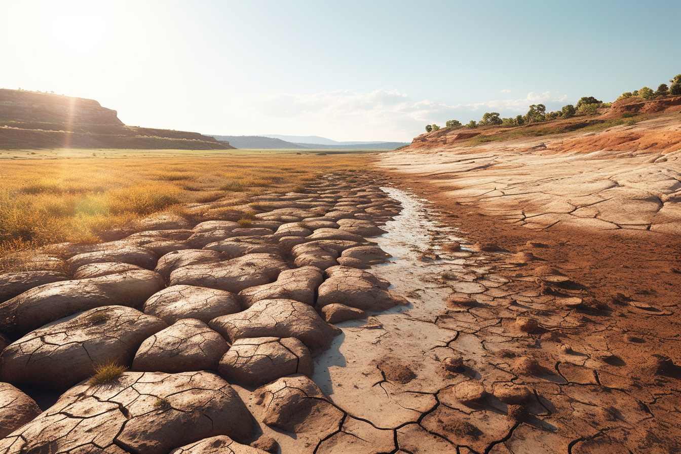 Dried-up riverbed with cracked earth and barren landscape.