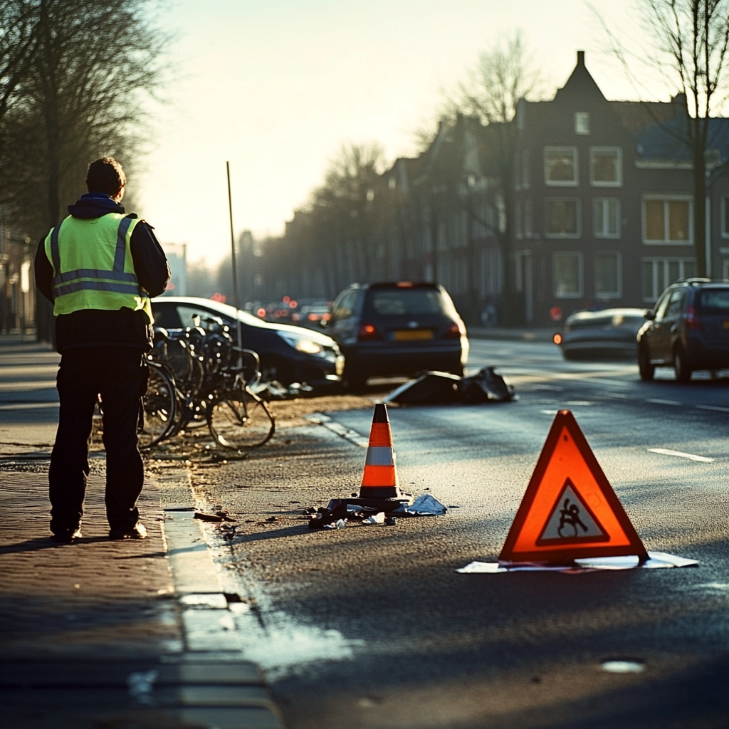 Driver at Dutch road accident, warning traffic safely.