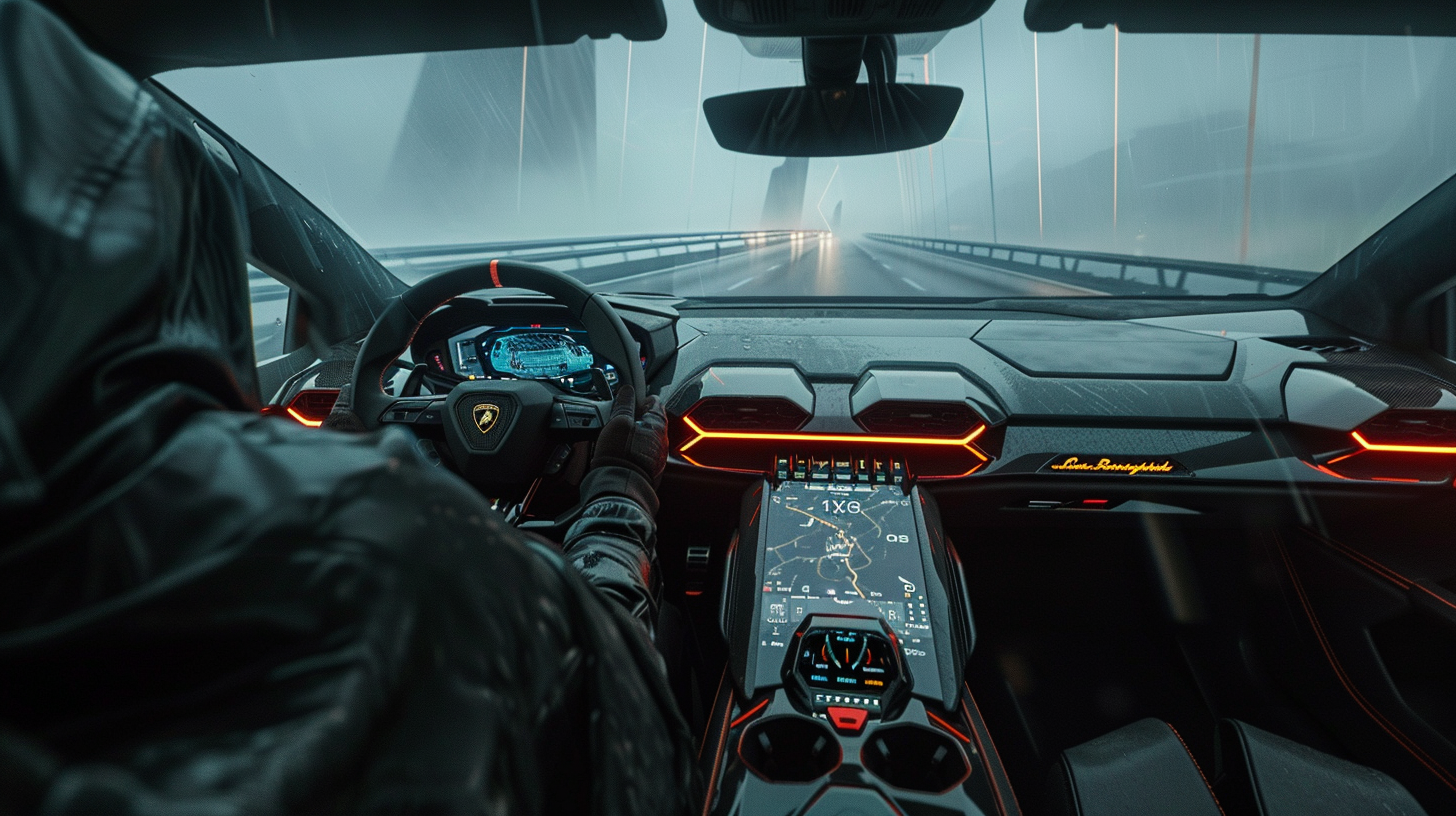 Driver in futuristic Lamborghini on empty summer road.