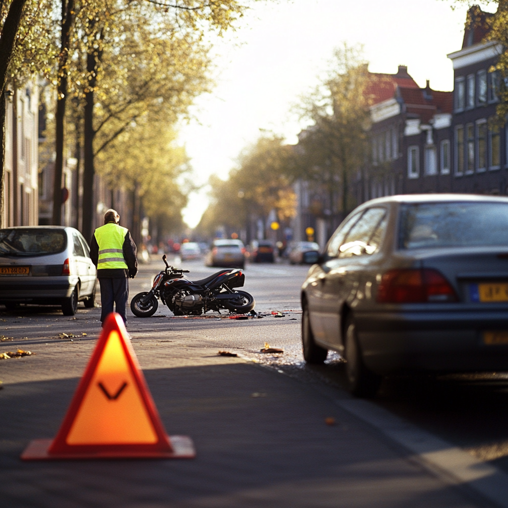 Driver wearing reflective vest managing minor motorcycle accident safely.