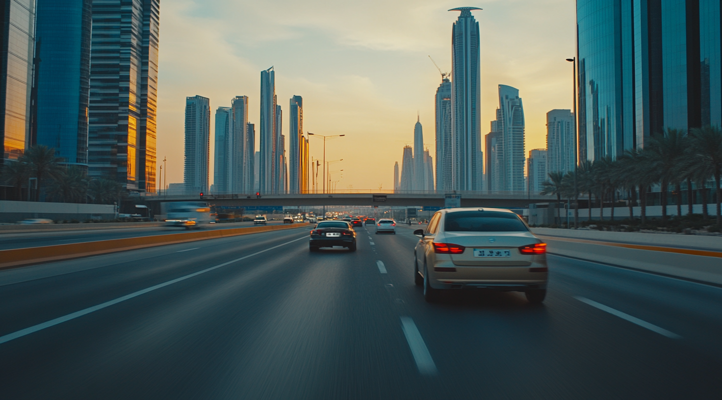 Driving on Sheikh Zayed Road in Dubai, cinematic style.