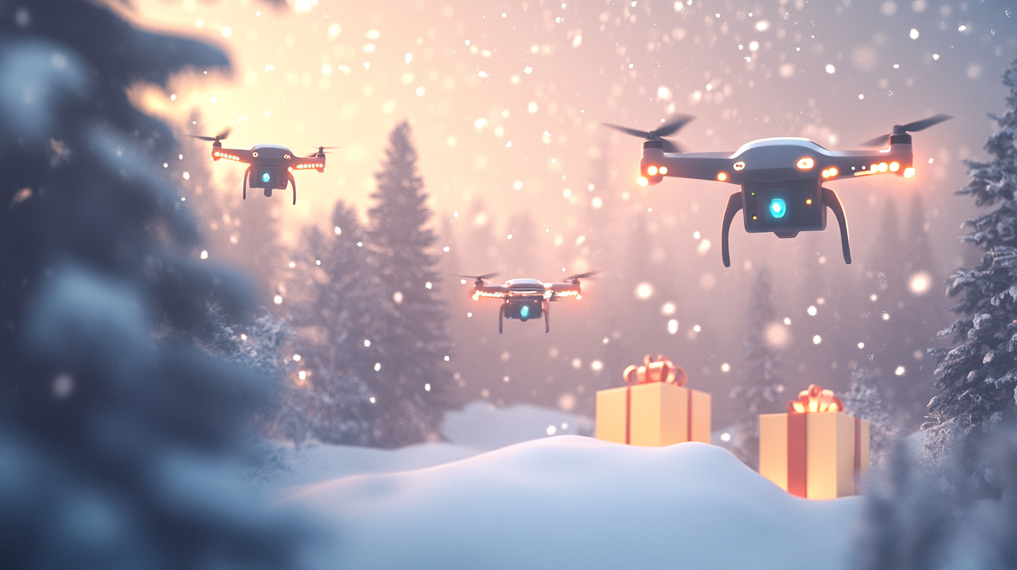 Drone Delivering Christmas Gift in Snowy Mountain Town