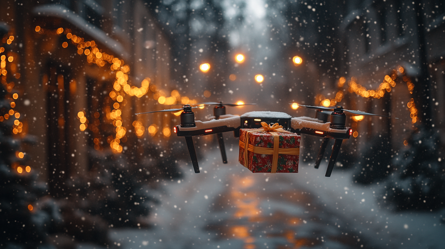 Drone Delivering Christmas Gifts in Snowy Town