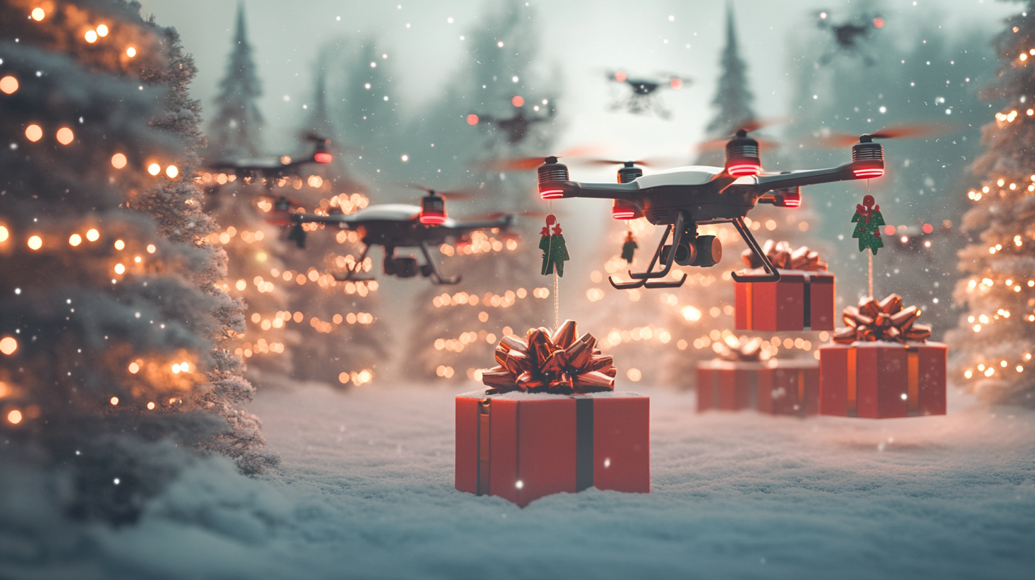 Drone Delivering Presents in Snowy Mountain Town