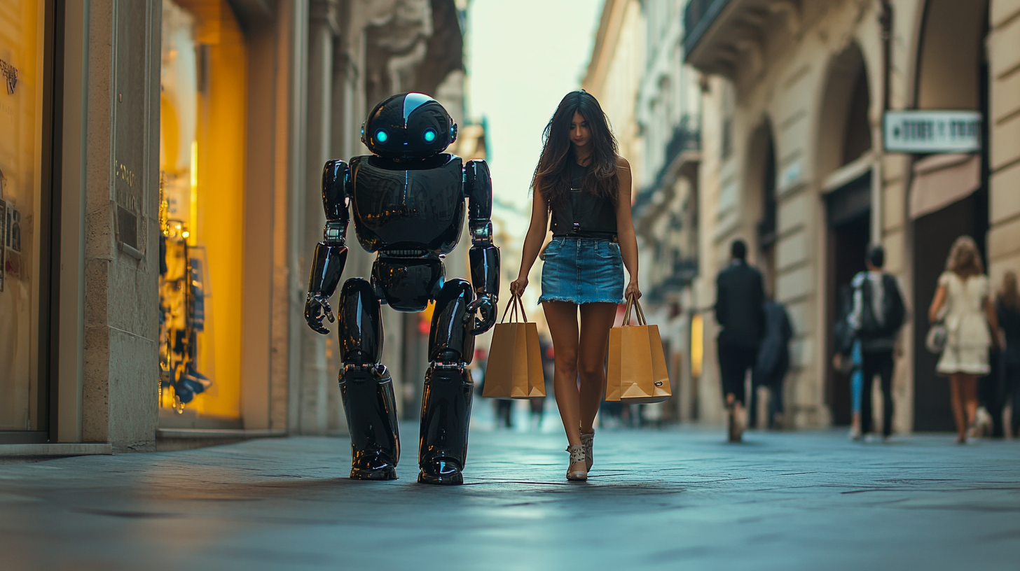 Drone captures woman walking with black humanoid robot.