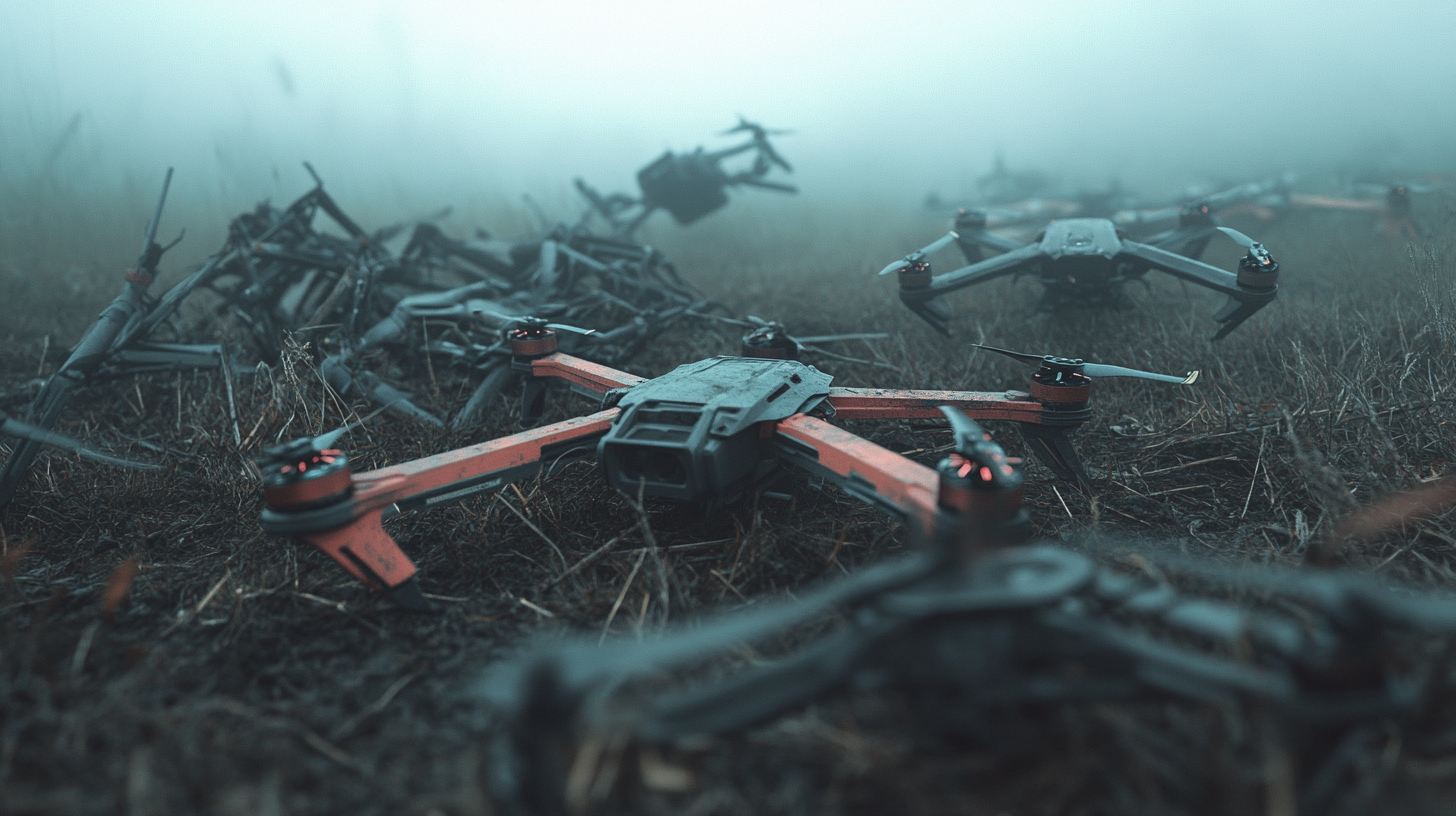 Drone graveyard with crashed quadrotors in fog