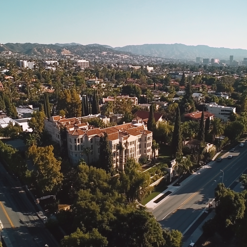 Drone view of Pasadena, California on a hot day.