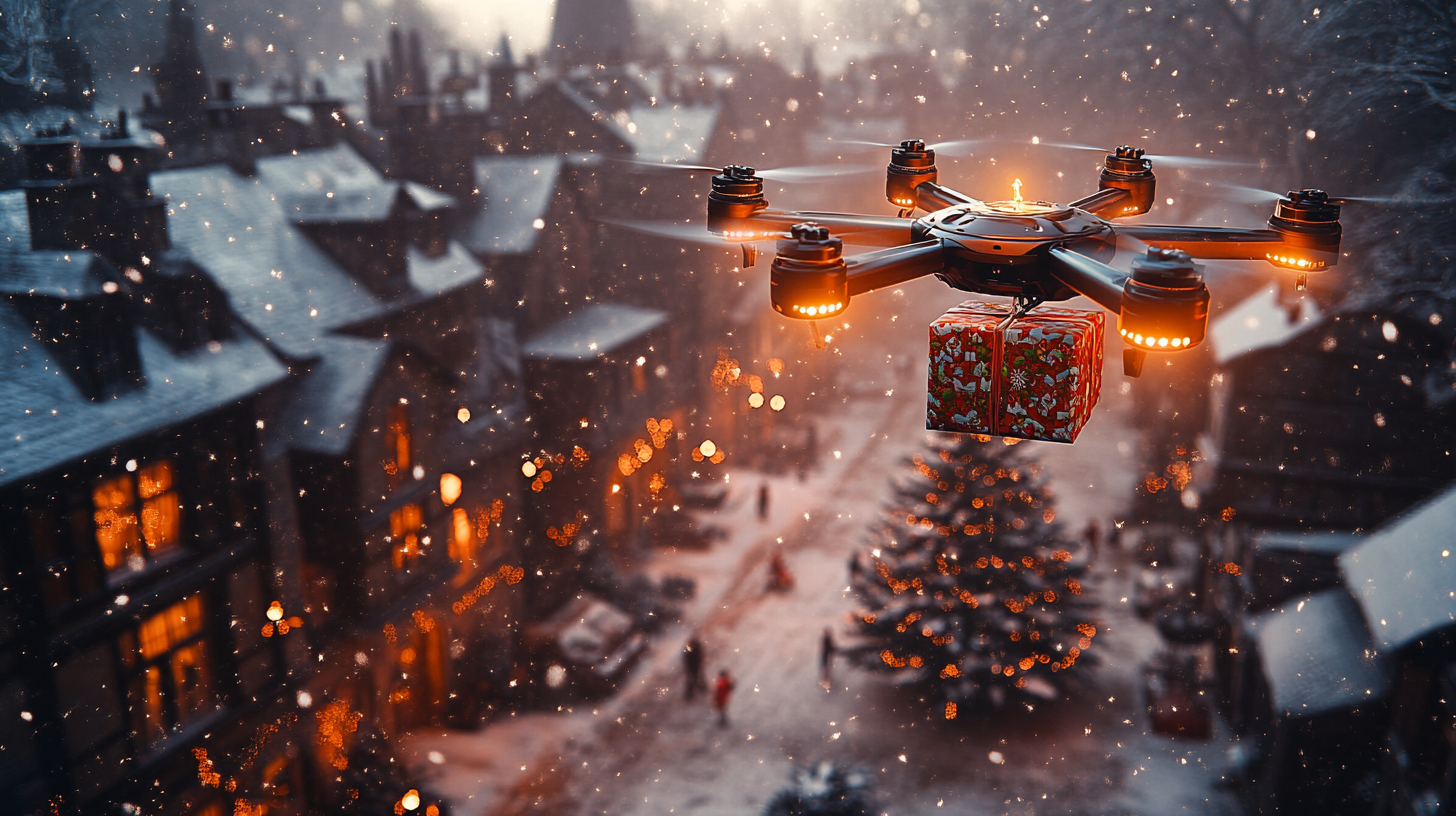 Drones Delivering Christmas Gifts Over Snowy Town