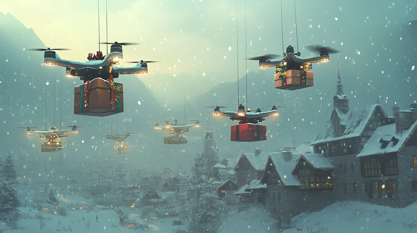 Drones Delivering Presents in Magical Snowy Town