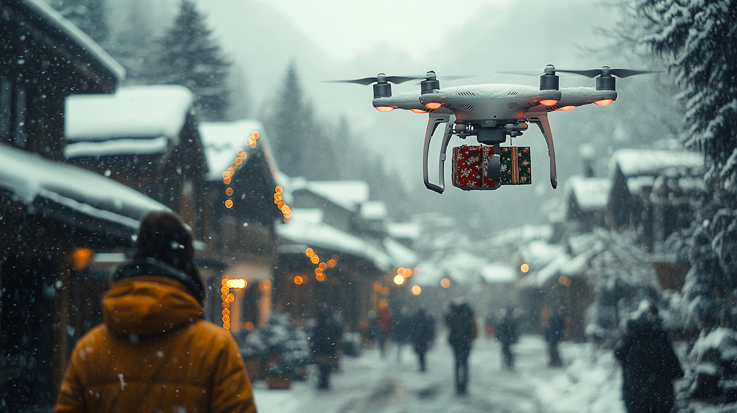 Drones Delivering Presents in Snow-Covered Mountain Town