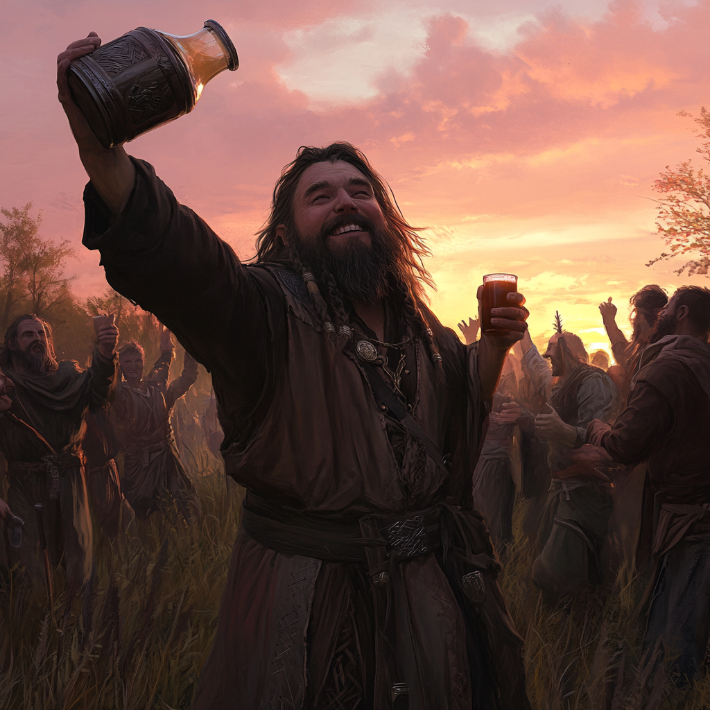 Drunk dwarf dances at dawn with flagon and Warhammer.