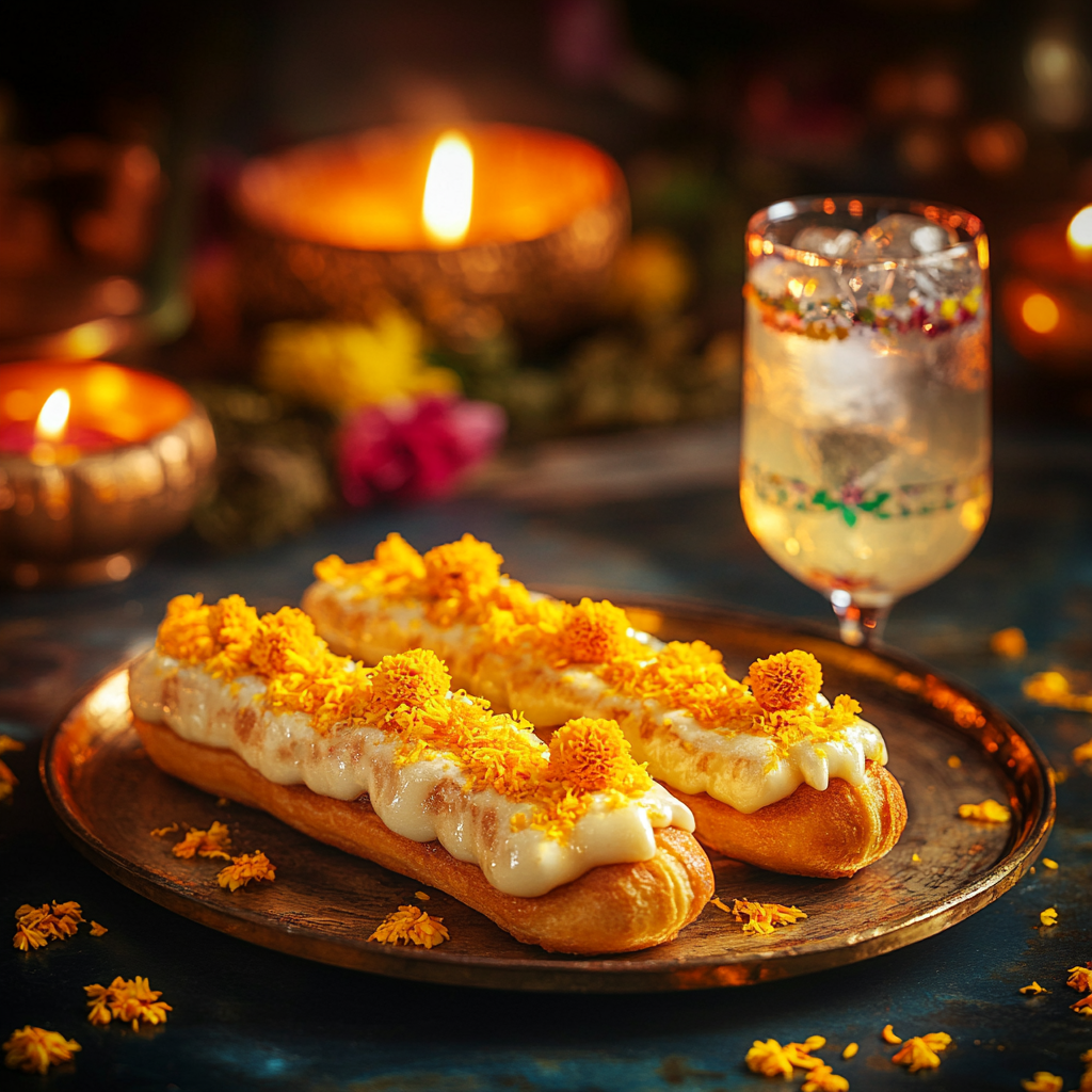 Dryfruit Eclairs, Marigold, and Diyas with Cocktail