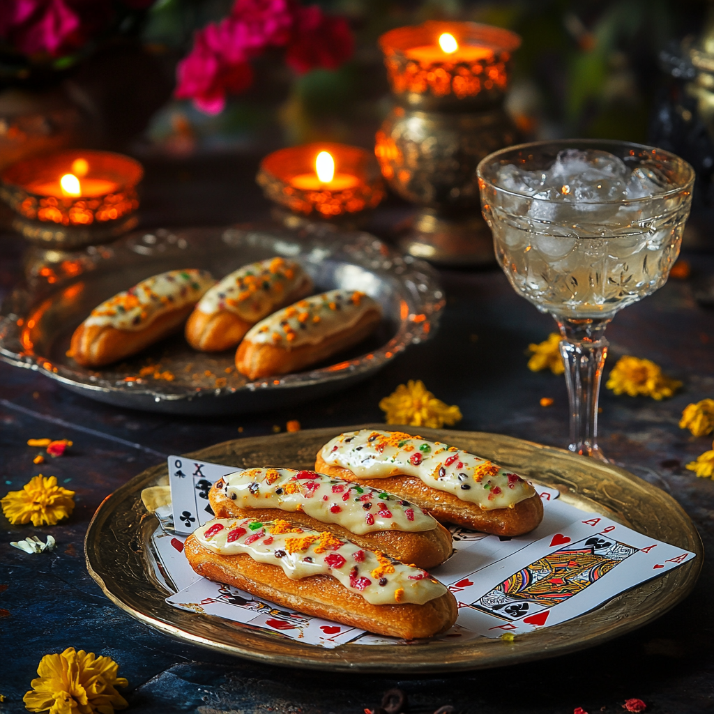 Dryfruit eclairs with gin and tonic, cards, diyas