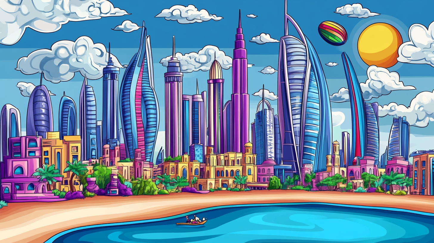 Dubai landscape doodle art in anime style.