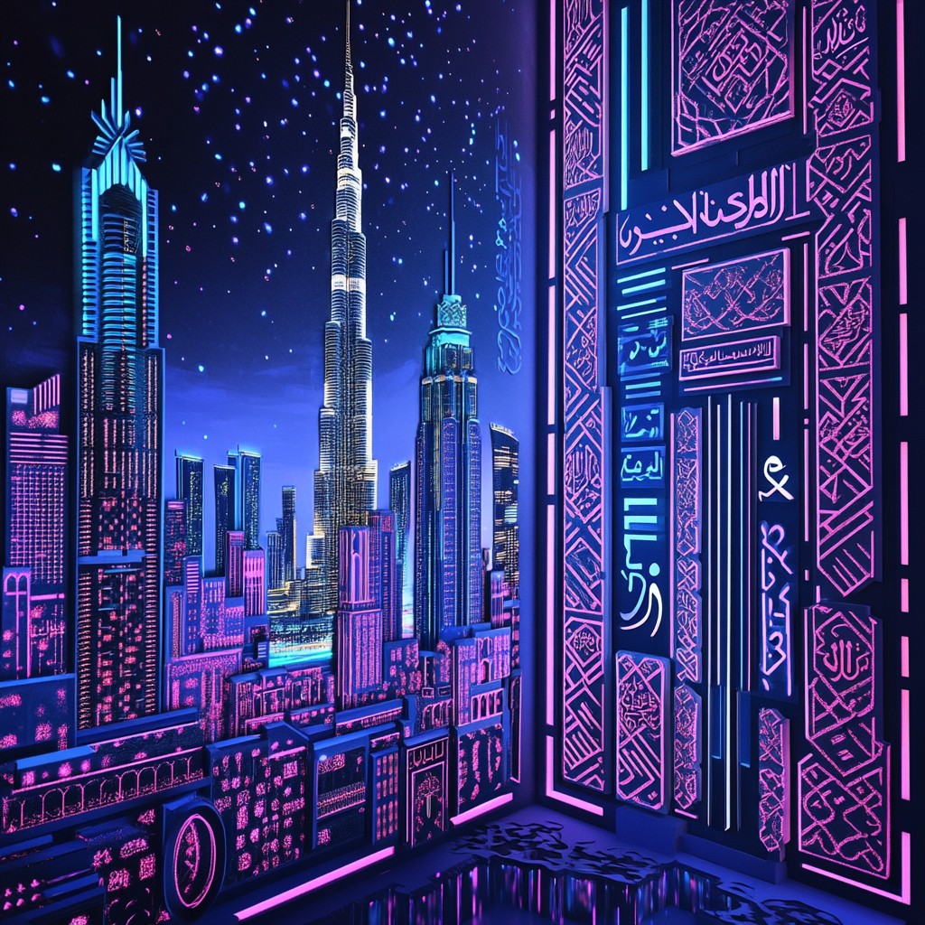 Dubai night scene with glowing lights NFT art