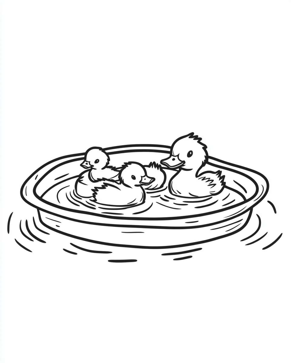 Duck and ducklings in a simple pond scene.