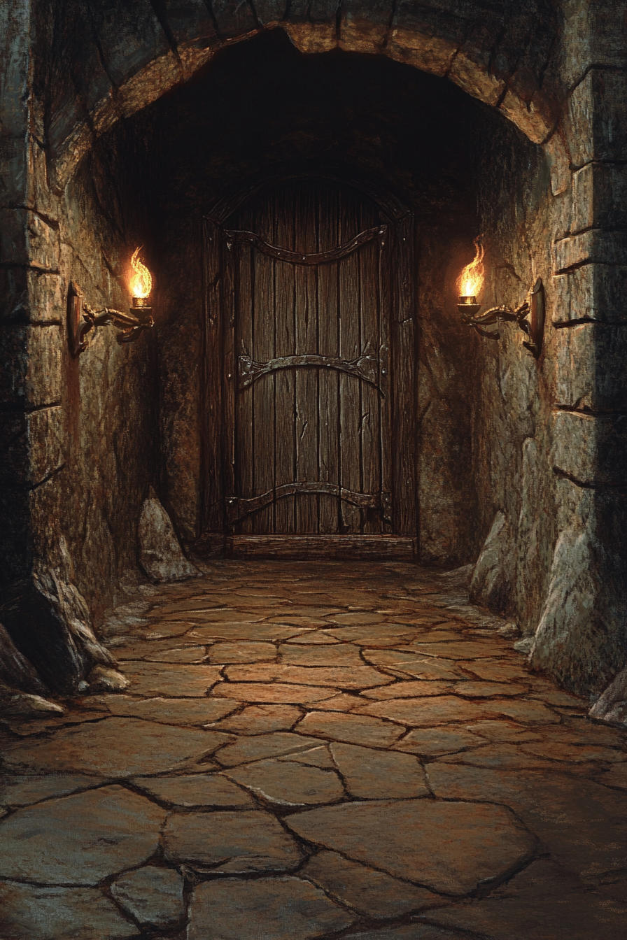 Dungeon-themed room with torches and stone floor.