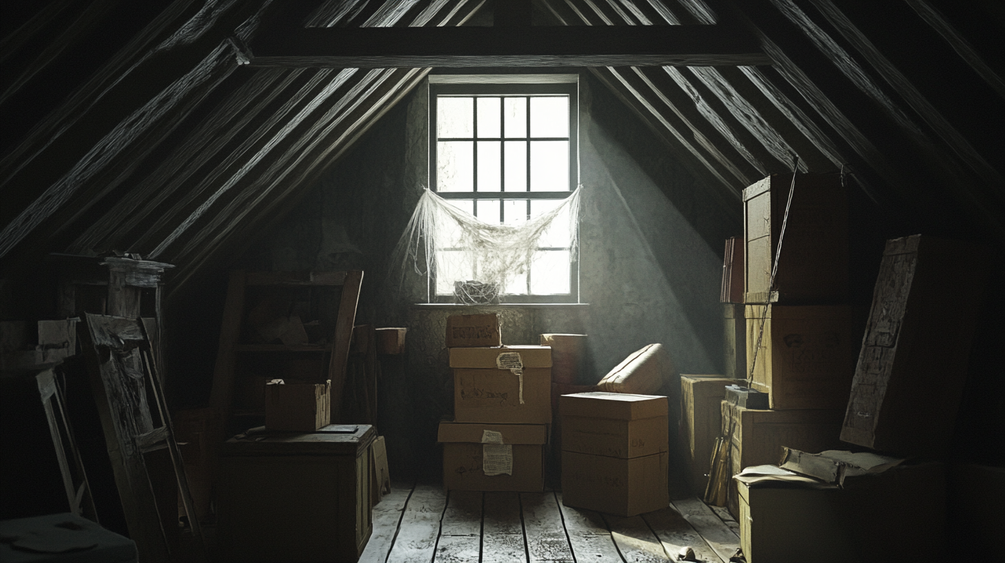 Dusty attic filled with boxes, furniture, cobweb-covered trunks.