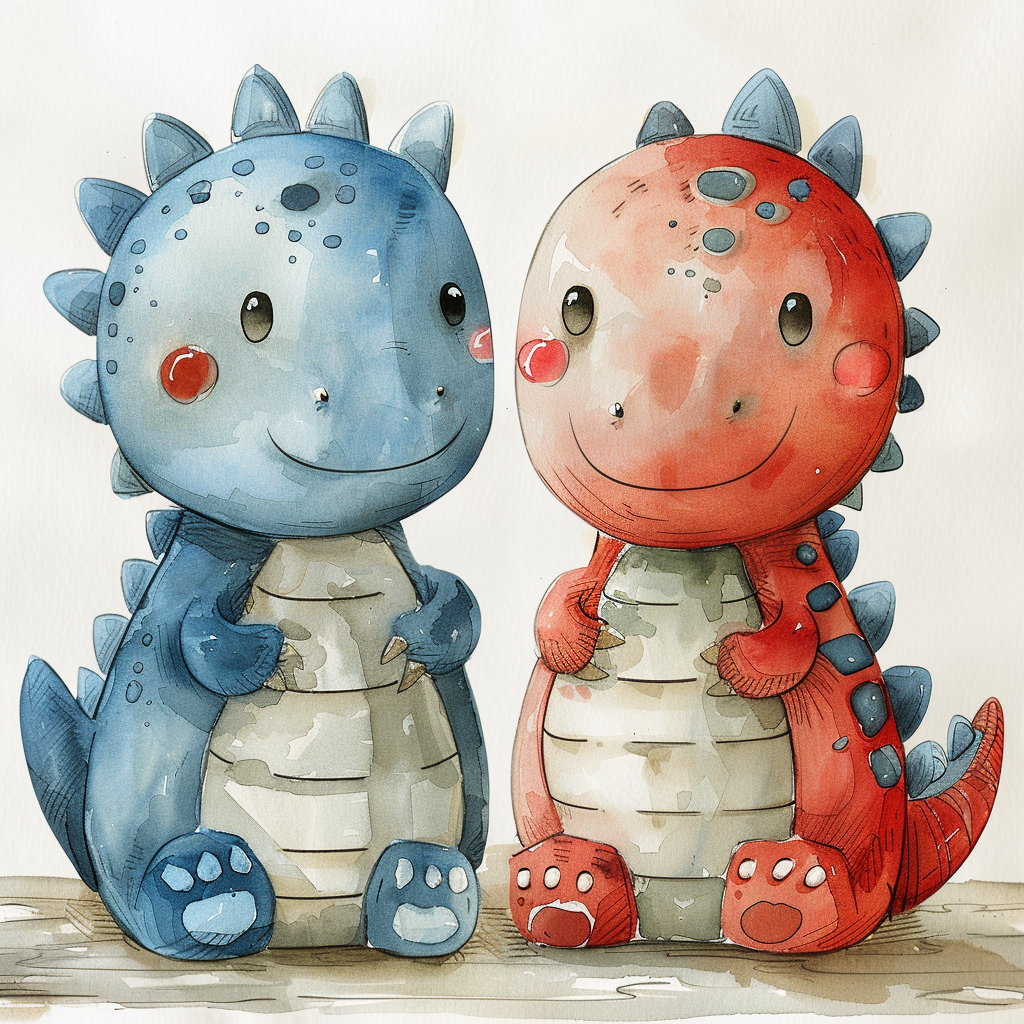 Dusty tone nursery art, red and blue dinosaurs.