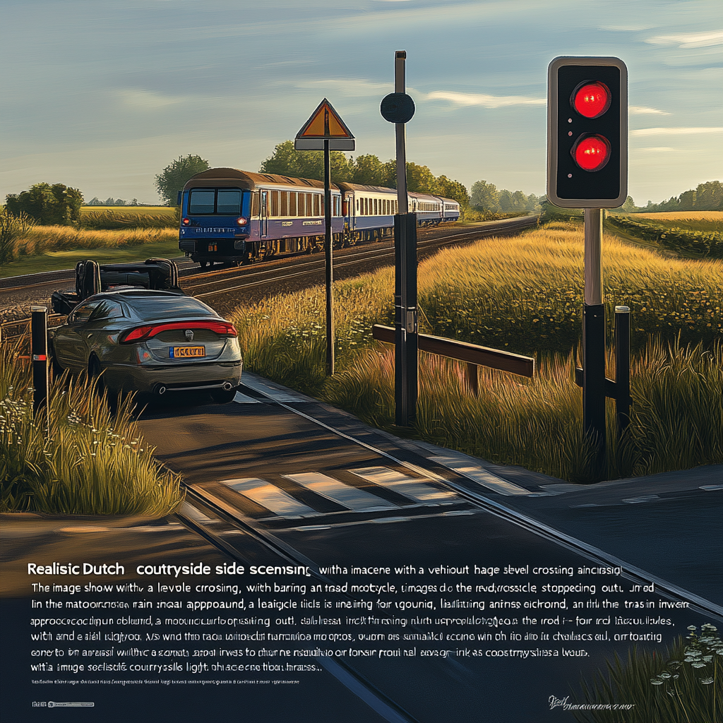 Dutch countryside with level crossing, vehicles waiting at red light.