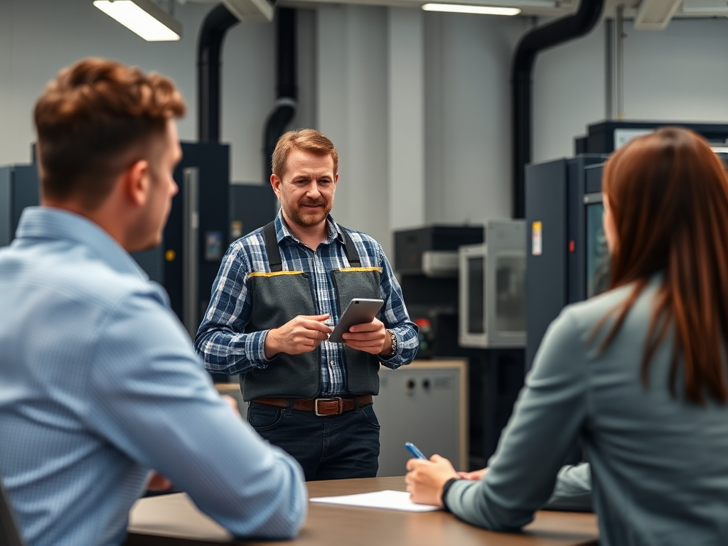 Dutch engineer leading manufacturing training session in meeting room.