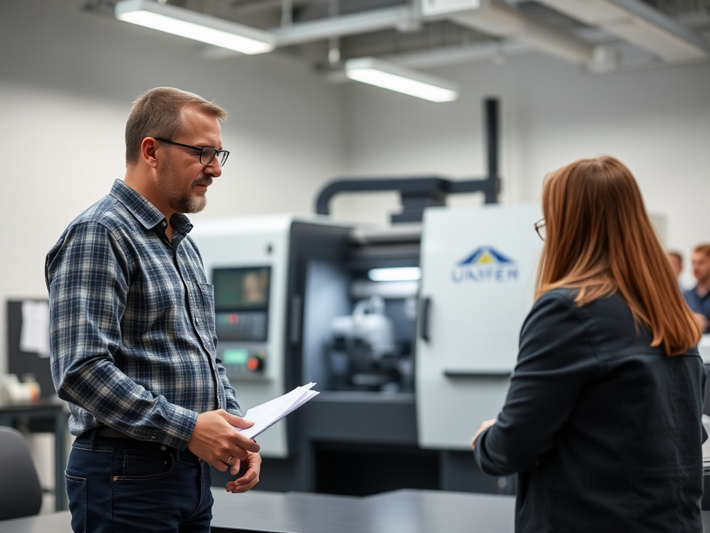 Dutch engineer leading manufacturing training session with two people.