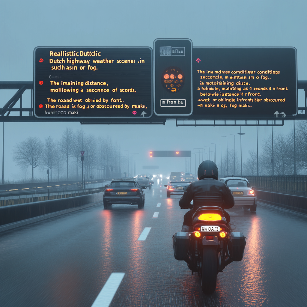 Dutch highway in rain or fog with spaced vehicles.