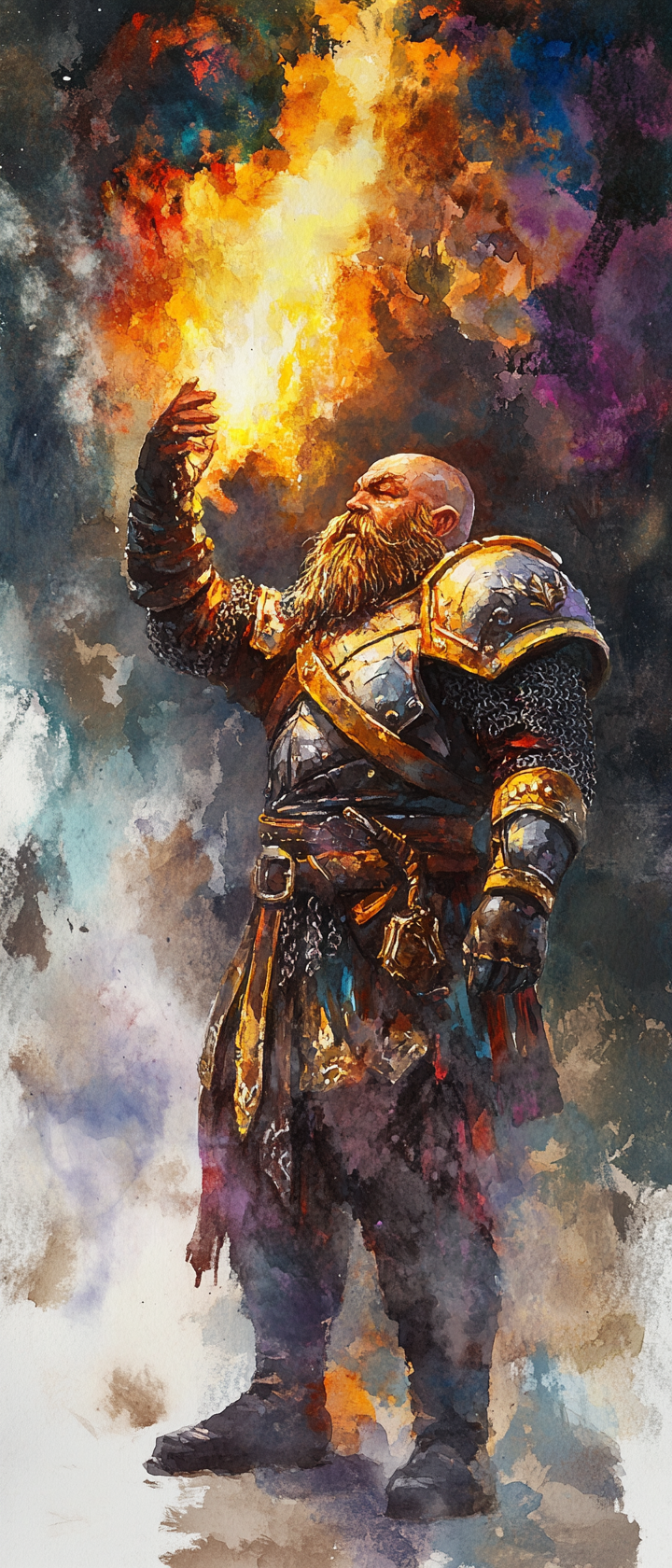 Dwarf Paladin in shiny armor casting spell, eerie setting.