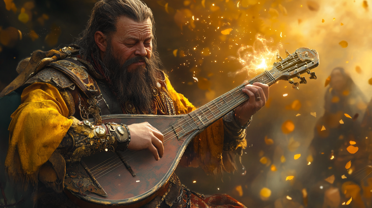 Dwarf bard playing a lute casting a spell.