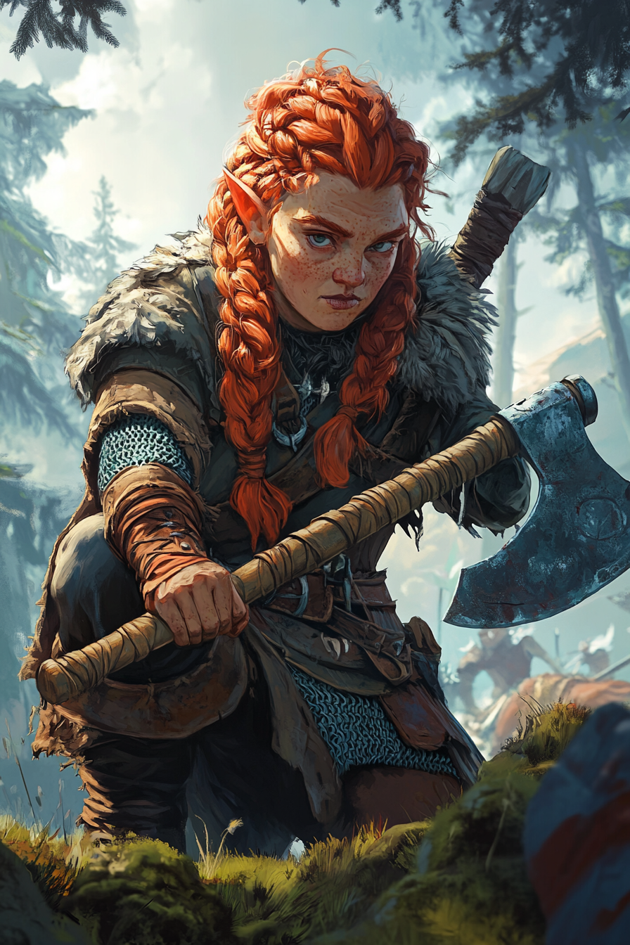 Dwarf character with red hair and great axe.