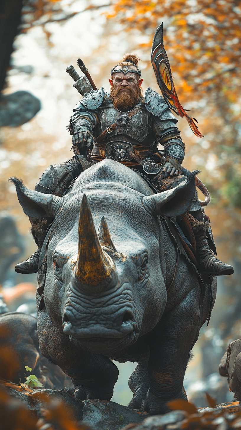 Dwarf fighter on rhino in ultra-realistic 8k.