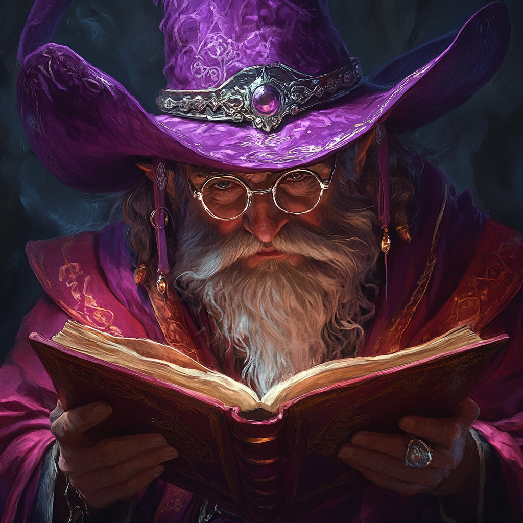 Dwarf in wizard hat reads book with glasses